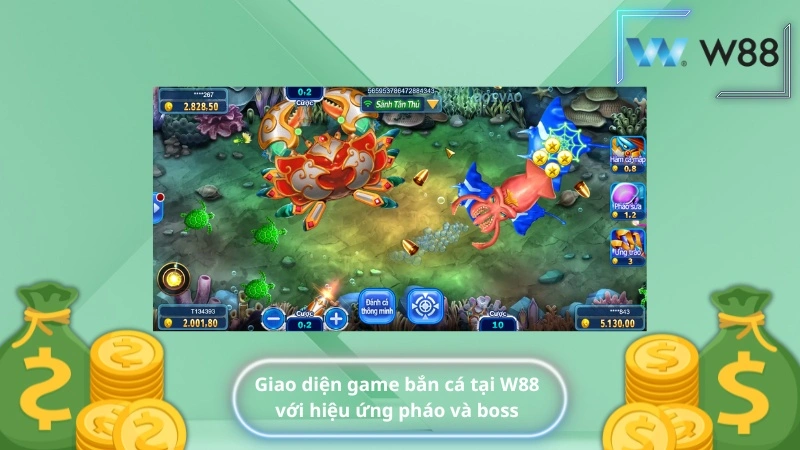 Giao diện game bắn cá tại W88 với hiệu ứng pháo và boss
