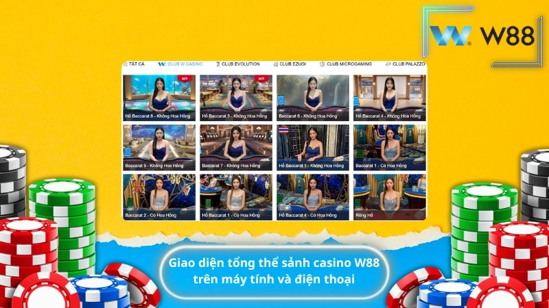 Giao diện tổng thể sảnh casino W88 trên máy tính và điện thoại