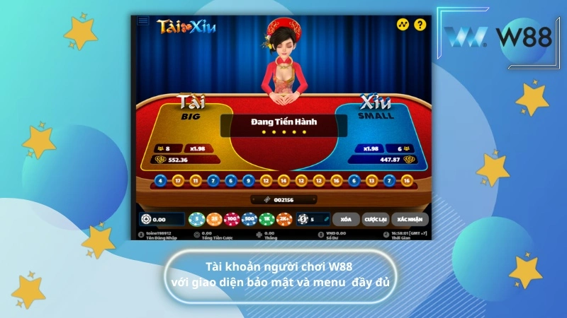 Tài khoản người chơi W88 với giao diện bảo mật và menu chức năng đầy đủ